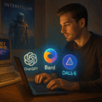 Ein Mann sitzt an einem Schreibtisch mit einem modernen Laptop vor sich, umgeben von Symbolen der Künstlichen Intelligenz wie ChatGPT, Bard und DALL-E. Links steht ein alter Commodore 64 mit dem Spiel Monkey Island auf dem Bildschirm. Im Hintergrund ist ein Poster des Films Interstellar sowie ein humanoider Roboter zu sehen – eine symbolische Darstellung des Übergangs von nostalgischer Technik zur Zukunft der KI.