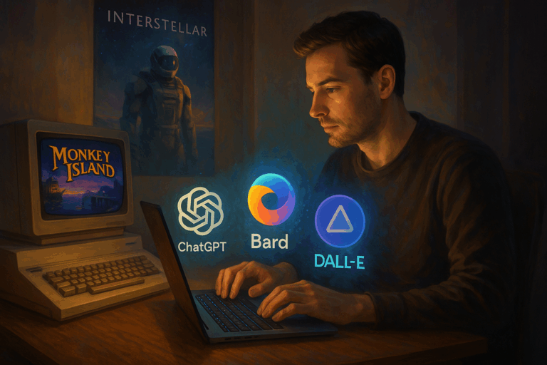 Ein Mann sitzt an einem Schreibtisch mit einem modernen Laptop vor sich, umgeben von Symbolen der Künstlichen Intelligenz wie ChatGPT, Bard und DALL-E. Links steht ein alter Commodore 64 mit dem Spiel Monkey Island auf dem Bildschirm. Im Hintergrund ist ein Poster des Films Interstellar sowie ein humanoider Roboter zu sehen – eine symbolische Darstellung des Übergangs von nostalgischer Technik zur Zukunft der KI.