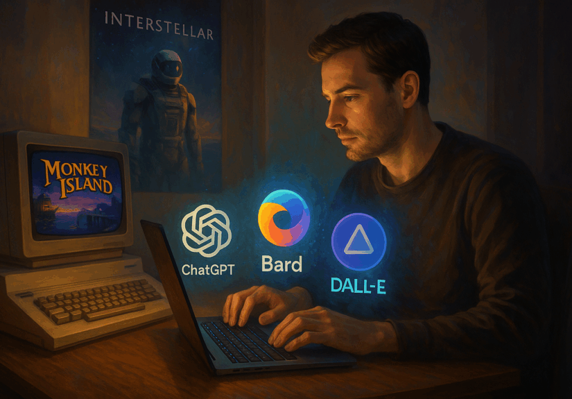 Ein Mann sitzt an einem Schreibtisch mit einem modernen Laptop vor sich, umgeben von Symbolen der Künstlichen Intelligenz wie ChatGPT, Bard und DALL-E. Links steht ein alter Commodore 64 mit dem Spiel Monkey Island auf dem Bildschirm. Im Hintergrund ist ein Poster des Films Interstellar sowie ein humanoider Roboter zu sehen – eine symbolische Darstellung des Übergangs von nostalgischer Technik zur Zukunft der KI.