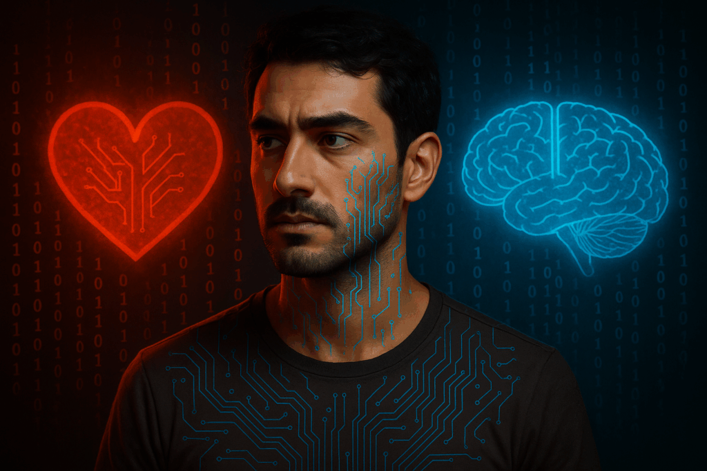 Symbolisches Porträt einer künstlichen Intelligenz mit menschlichen Zügen, die zwischen Emotion und Algorithmus schwankt – im Hintergrund Symbole für Gefühl, Bewusstsein und digitale Daten. Ein kritischer Blick auf die Grenzen und Gefahren intelligenter Maschinen.
