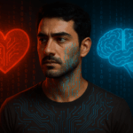 Symbolisches Porträt einer künstlichen Intelligenz mit menschlichen Zügen, die zwischen Emotion und Algorithmus schwankt – im Hintergrund Symbole für Gefühl, Bewusstsein und digitale Daten. Ein kritischer Blick auf die Grenzen und Gefahren intelligenter Maschinen.