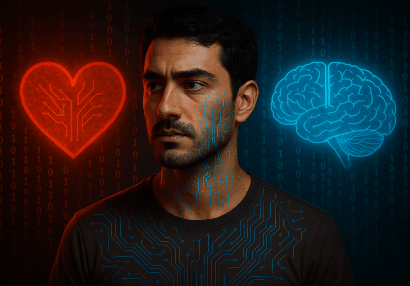 Symbolisches Porträt einer künstlichen Intelligenz mit menschlichen Zügen, die zwischen Emotion und Algorithmus schwankt – im Hintergrund Symbole für Gefühl, Bewusstsein und digitale Daten. Ein kritischer Blick auf die Grenzen und Gefahren intelligenter Maschinen.